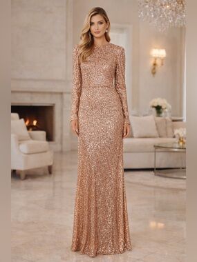 Mac Duggal Ieena Elegant Rose Gold Sequin Long-Sleeve Evening Gown